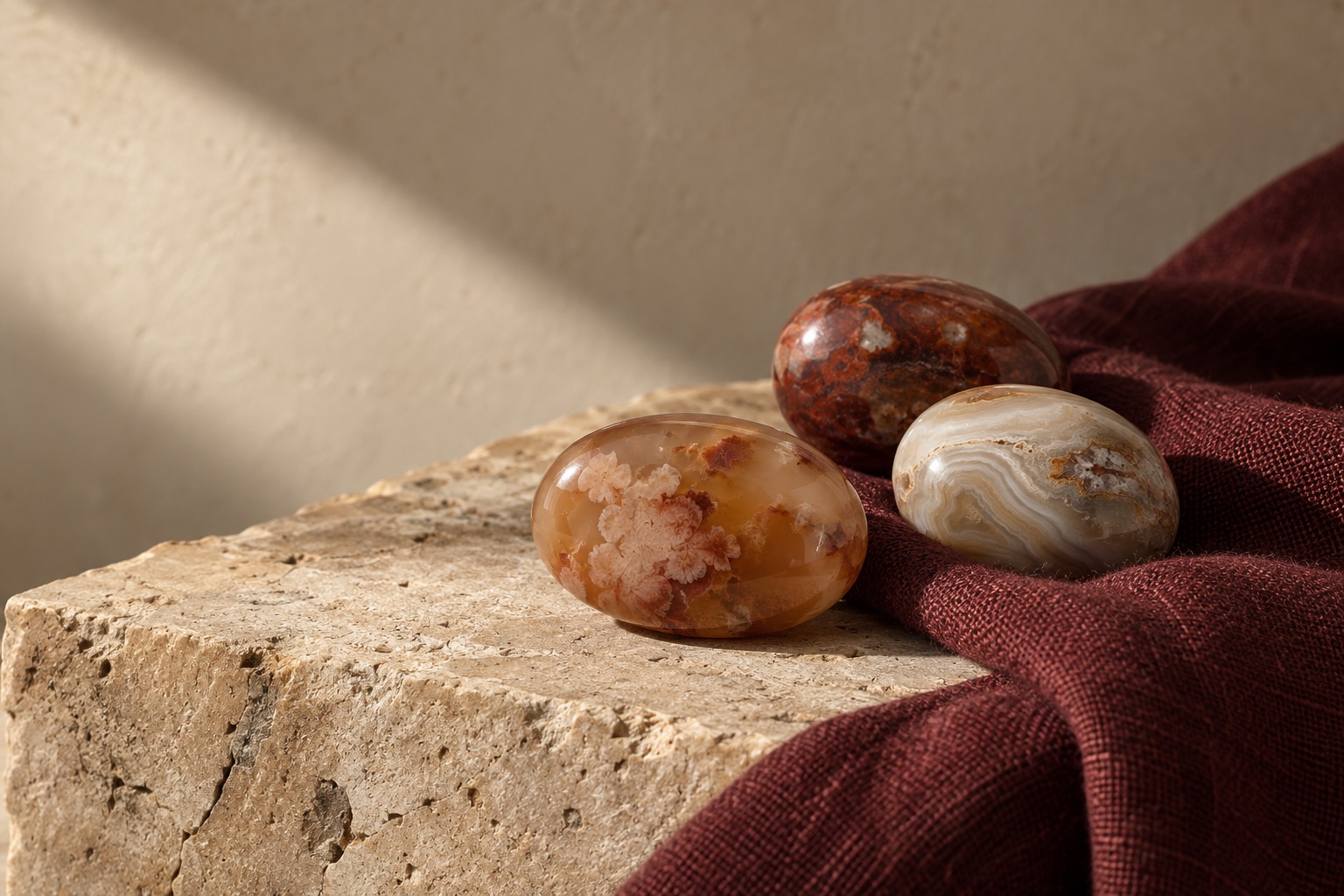 Concept still life of polished Yuhua stones on limestone and burgundy linen